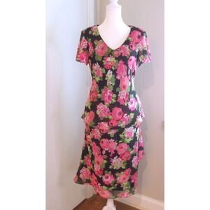 Karin Stevens Floral Dress 2pc Pink Black Midi V Neck Short‎ Sleeve Sz 10 /#6176